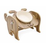 Ceviz Renk Ahşap Tekli Ayarlanabilir Mama Kabı – Köpek Figürlü, Beyaz Seramik Kase