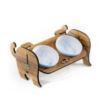 Ayarlanabilir Ahşap İkili Mama Kabı – Ceviz Renk, Köpek Figürlü, Beyaz Seramik Kaseli - Görsel 3